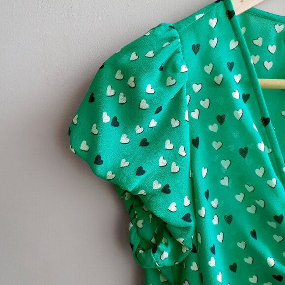 MAX STUDIO Puffy Sleeve Blouse with Bow Detail in Teal Green with Heart Print - Picture 4 of 15